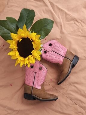 Old West Pink and Brown Kids Cowboy Boots